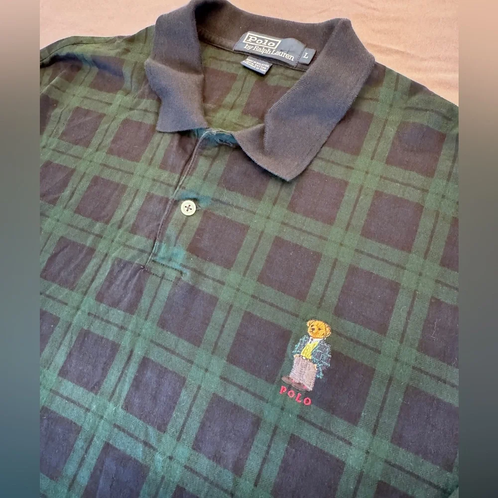 Vtg Polo Ralph Lauren Embroidered Bear Mens Large Green Blue Plaid Polo Shirt